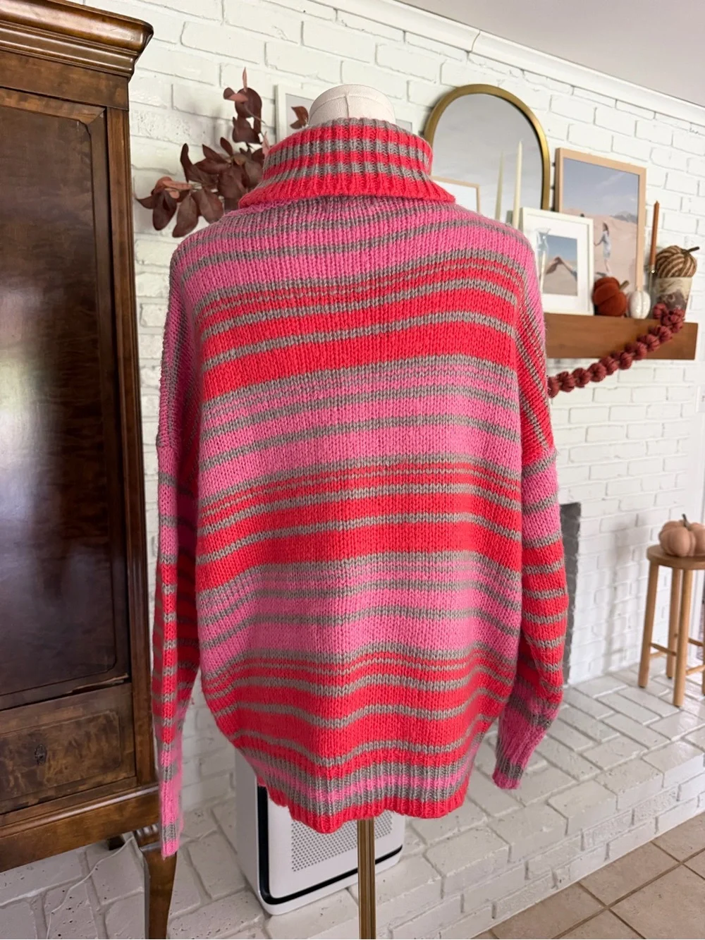 Striped Pink & Red Turtleneck Sweater - Cozy Oversized Fit